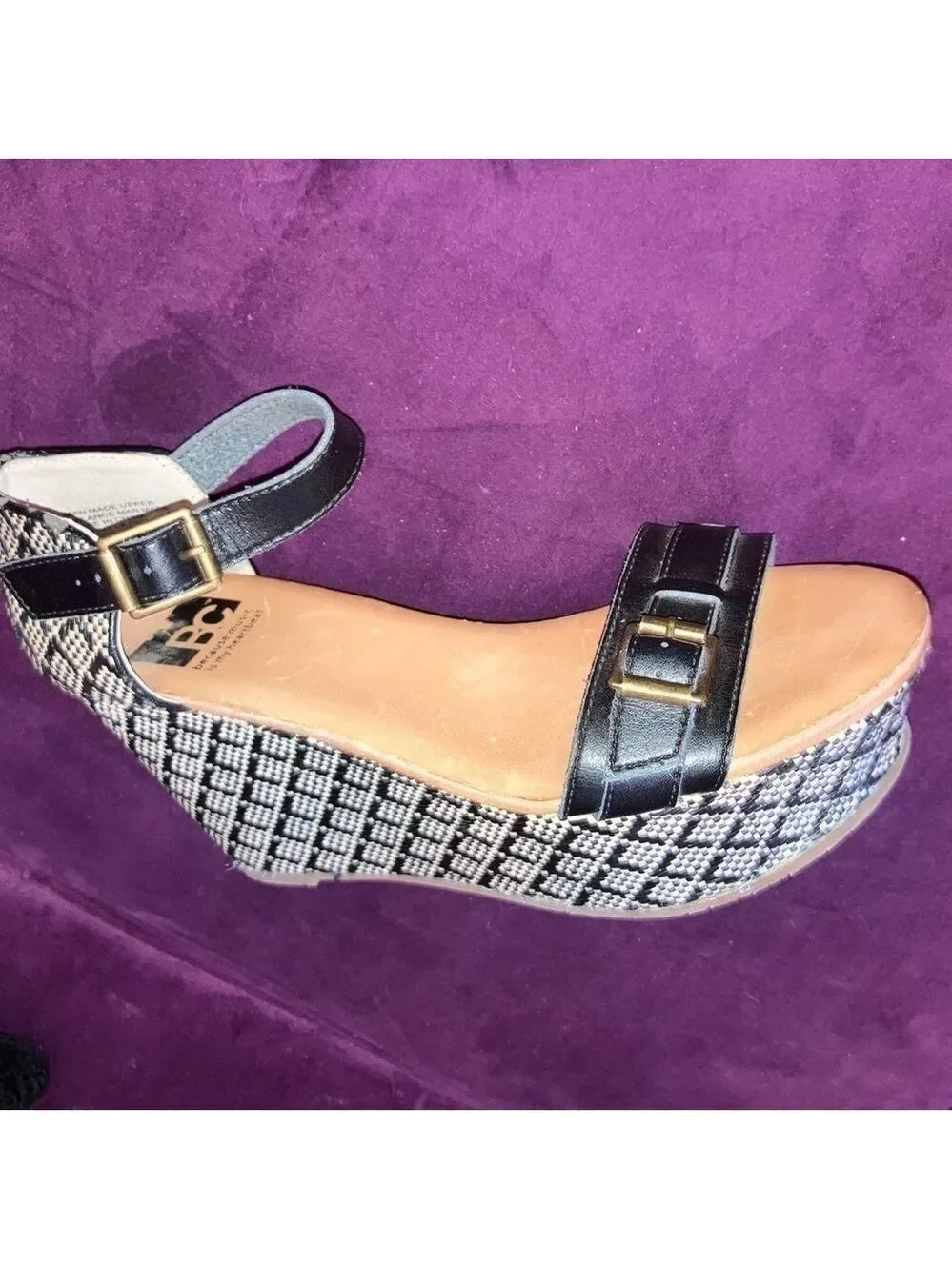 BC SHOES PLATFORM WEDGES SANDALS BLACK AND WHITE LANYARD CROSS STICH RETRO 7